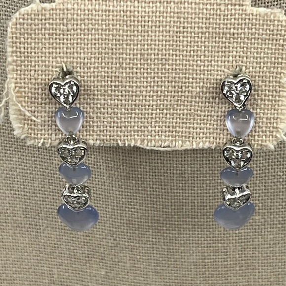 Vintage 10K White Gold Blue Chalcedony and White Topaz Heart Drop Earrings 1999 - Picture 4 of 13